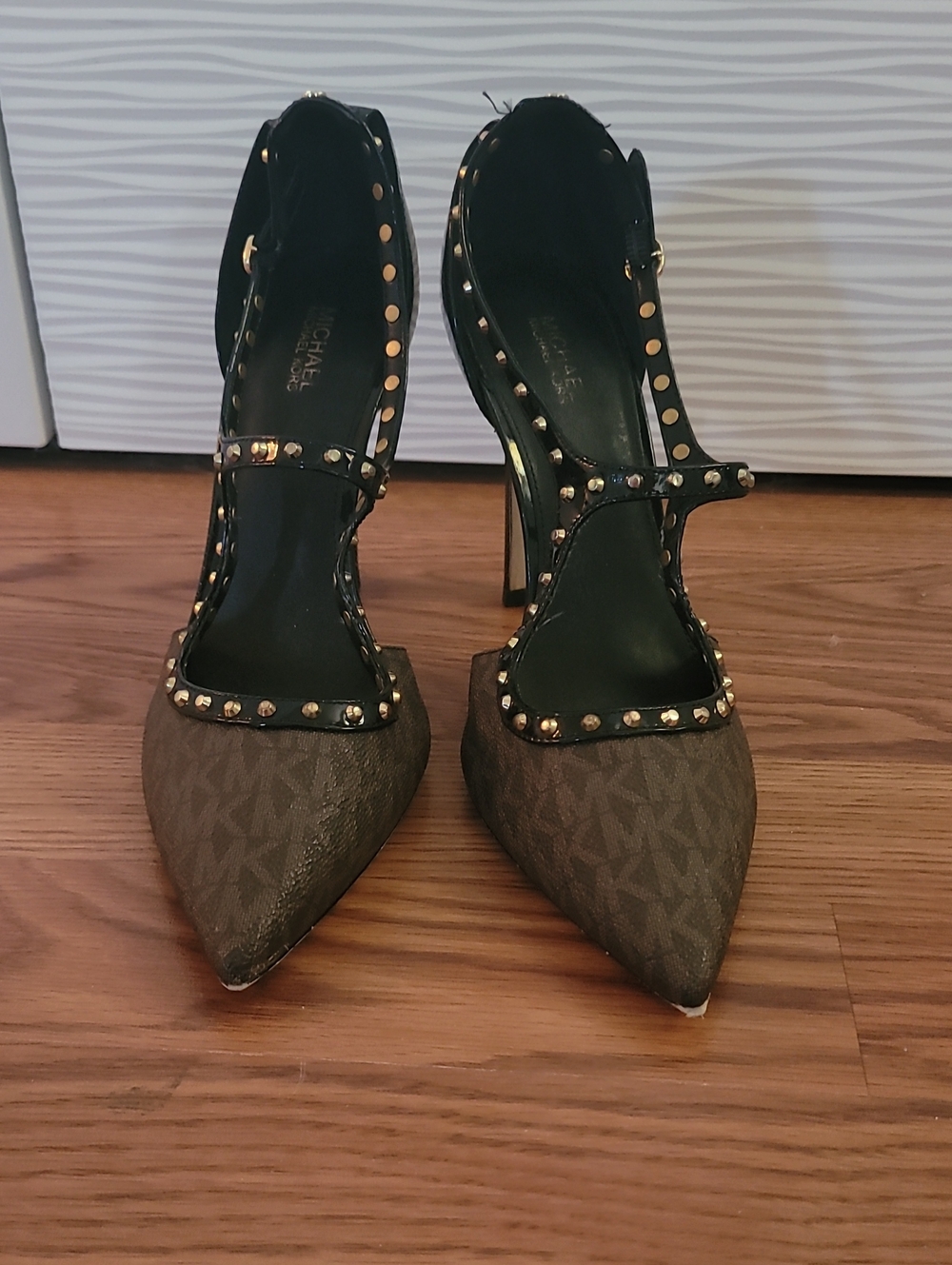 Michael Kors Brown Monogram T-Strap Pointed Heels with Gold Studs 8.5